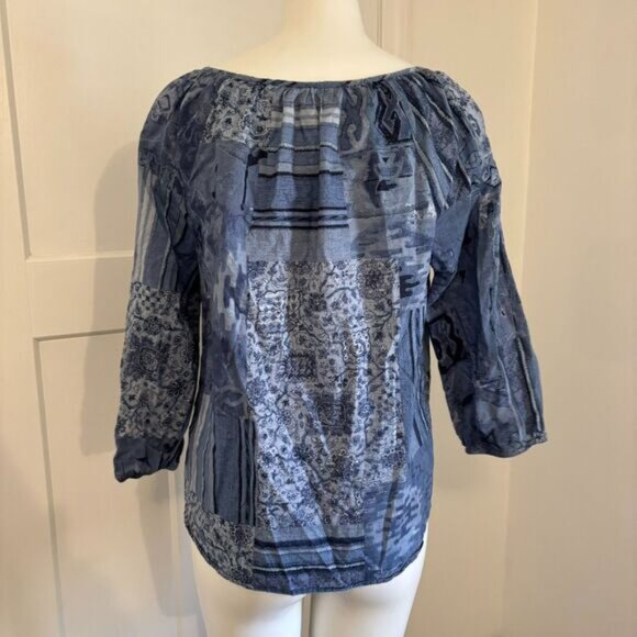 Lauren Ralph Lauren size Medium Blue Boho Patterned Preppy Cotton Peasant Blouse - Picture 2 of 7